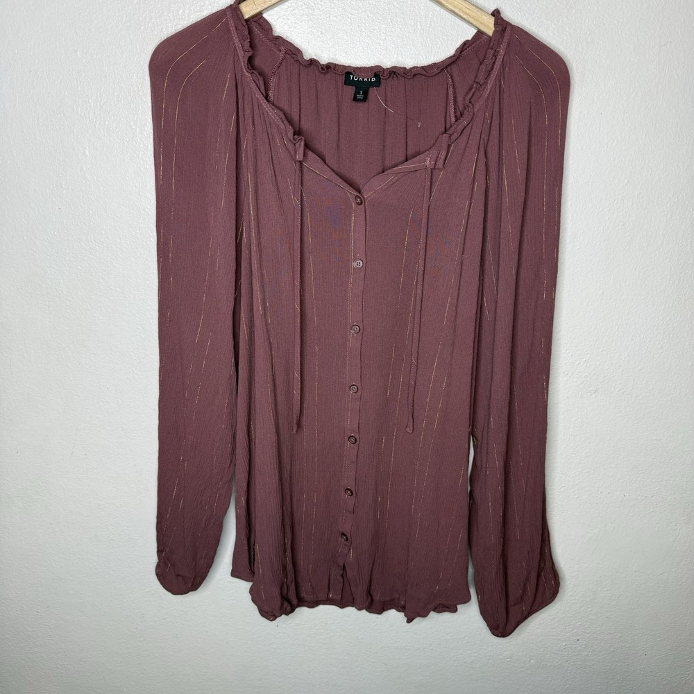 Torrid Crinkle Gauze With Lurex Peasant Blouse Rose Brown Long Sleeve‎ Womens 3X